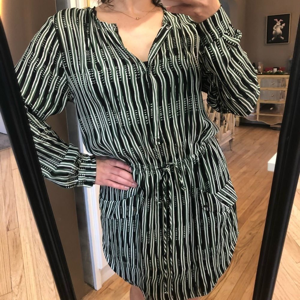 • A.L.C • Sonoma Silk Black White Green Stripe Print  Drawstring Dress Small